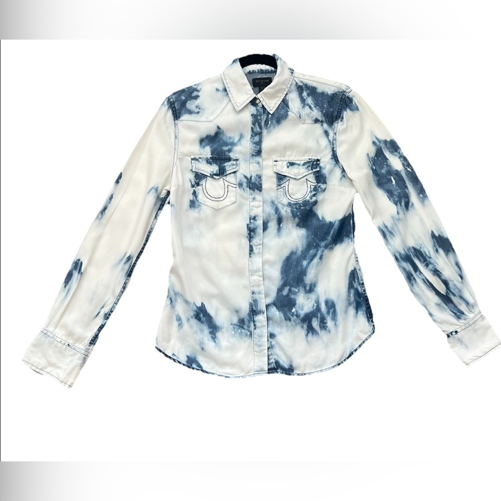 Women's XS True Religion Tie Dye Bleach Indigo Shirt (0803)
